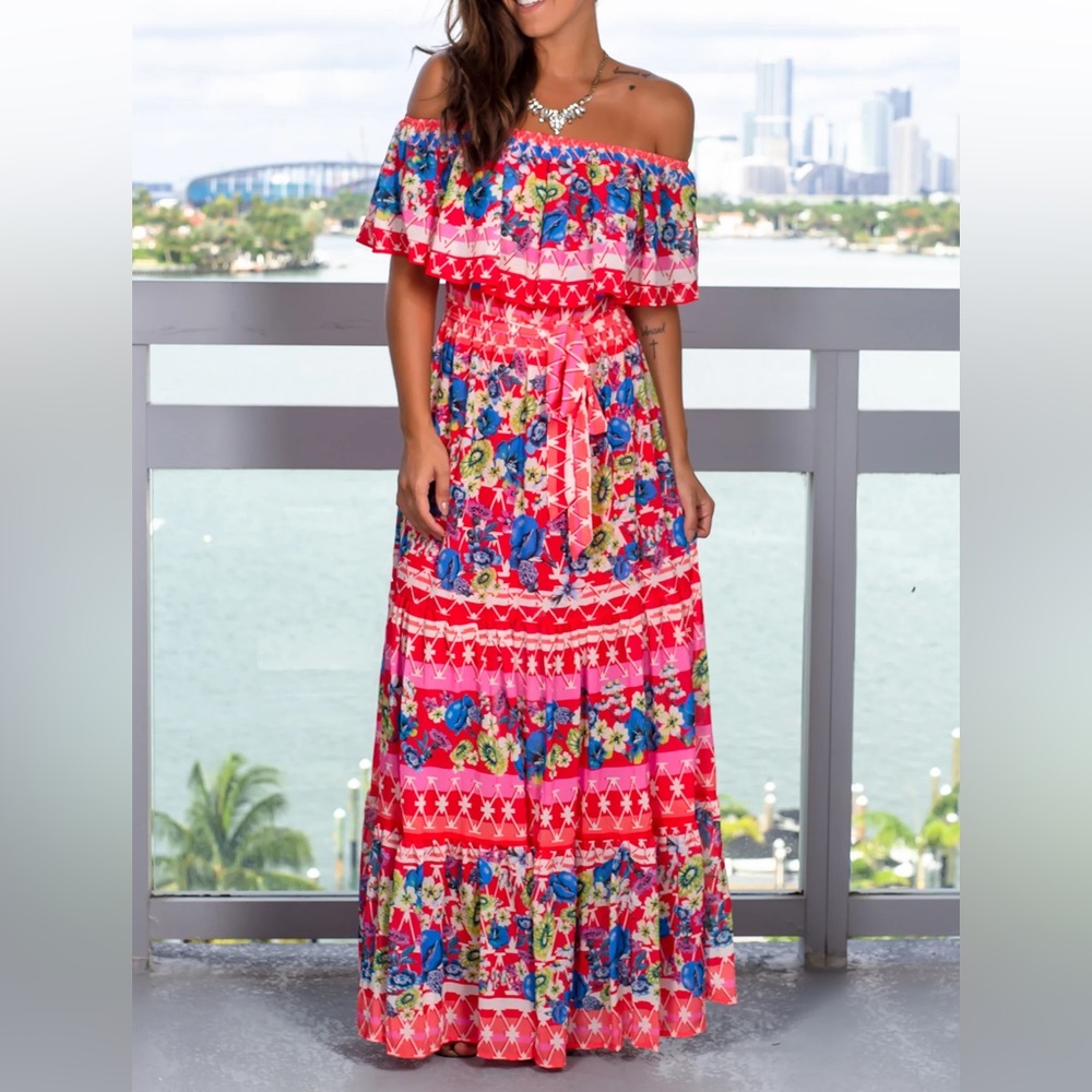 Off-Shoulder Floral Maxi Dress in Red and Pink